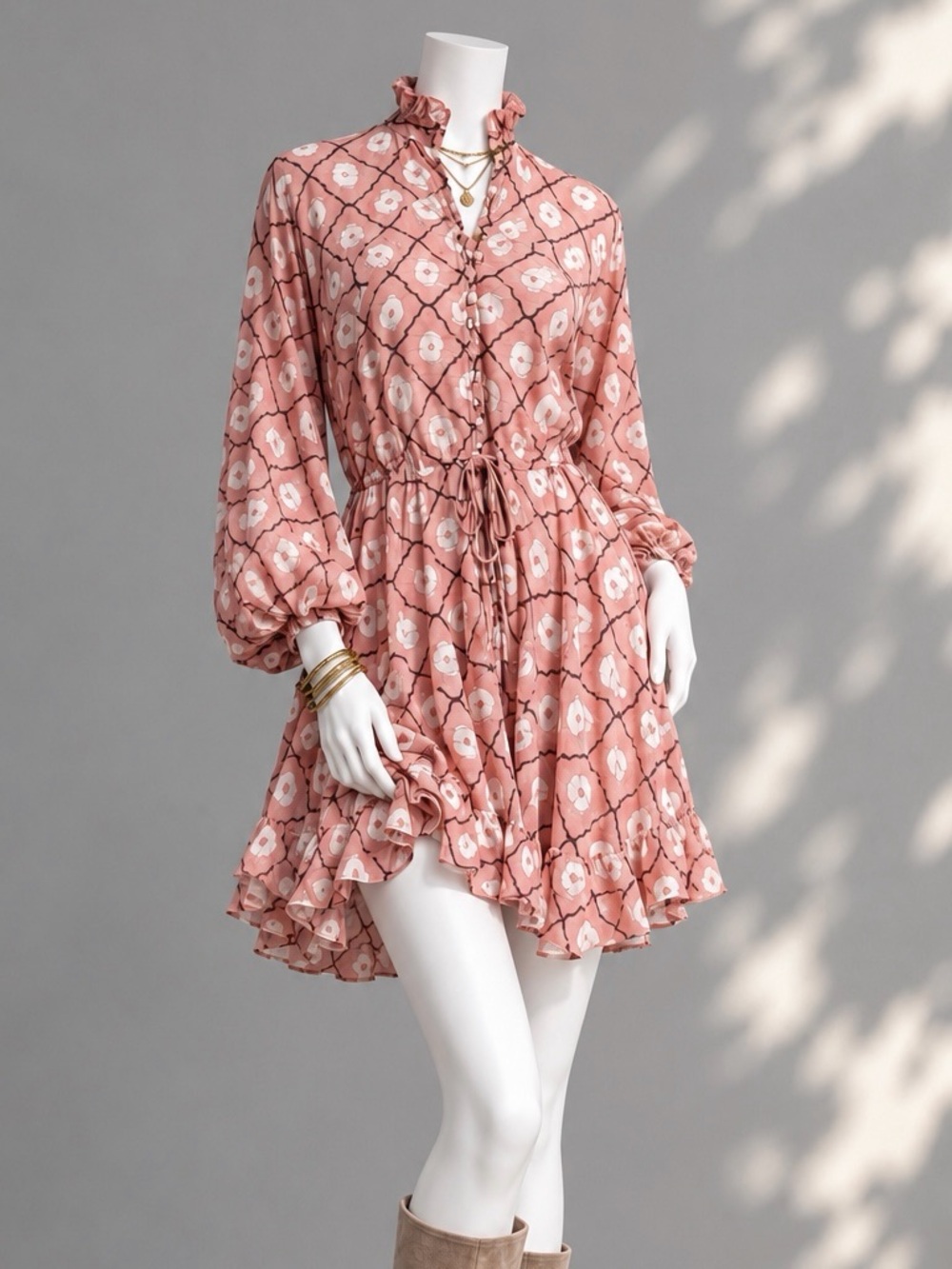 Alexis Mini Dress XS Dusty Rose Pink Boho Balloon Sleeve Ruffle Flowy Fairy